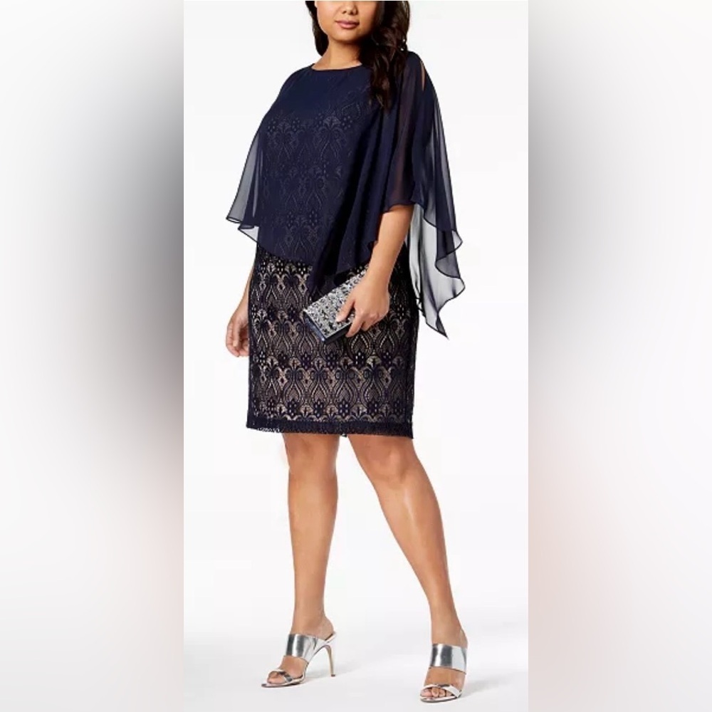 Connected Apparel Plus Size Chiffon-Overlay Lace Sheath Dress (0002)